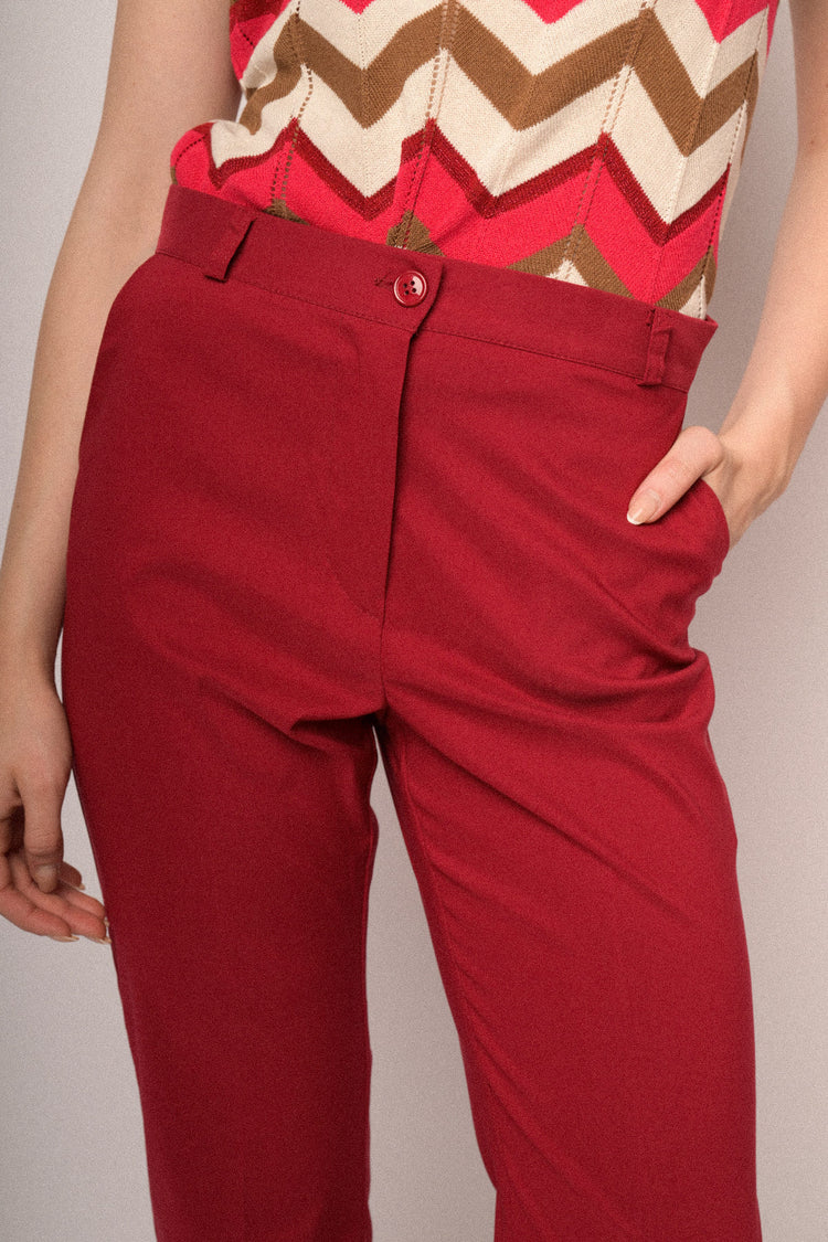 Red viscose-blend flared-leg trousers
