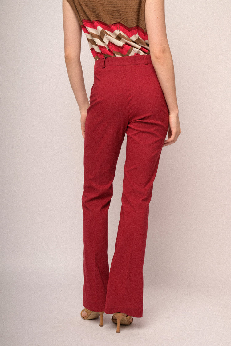 Red viscose-blend flared-leg trousers