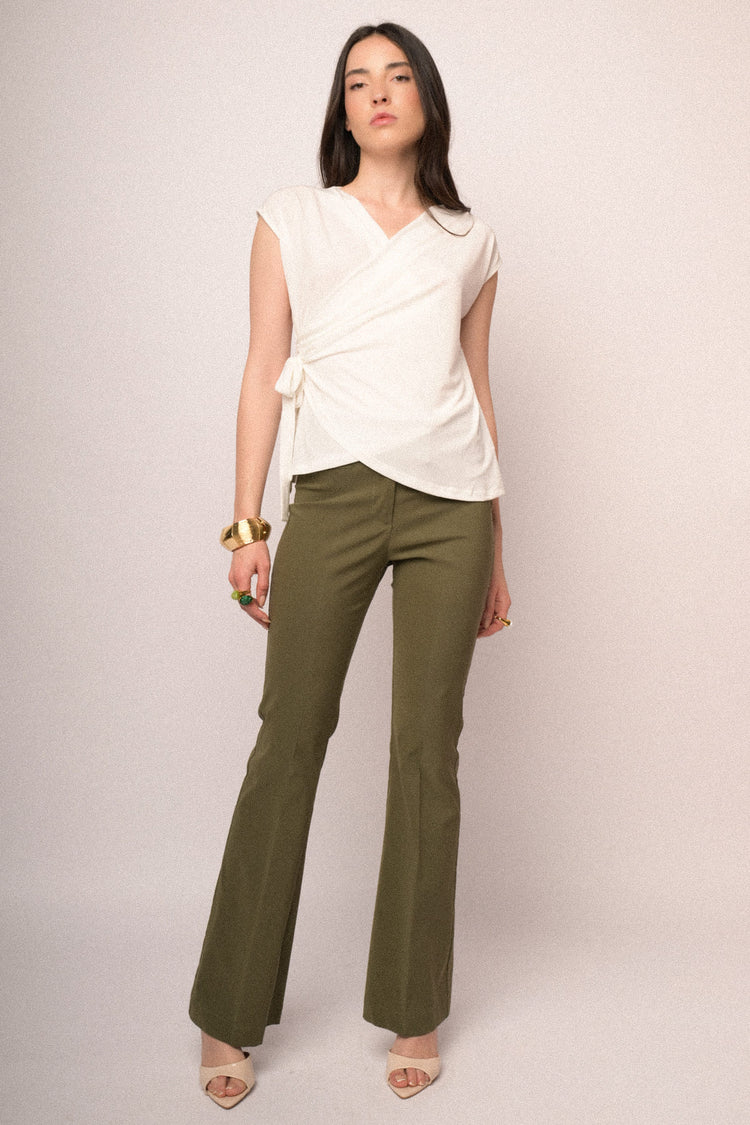 Olive green viscose-blend sflared-leg trousers
