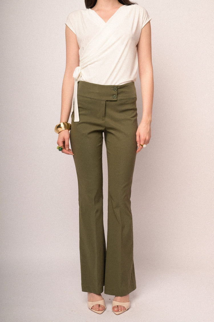 Olive green viscose-blend sflared-leg trousers