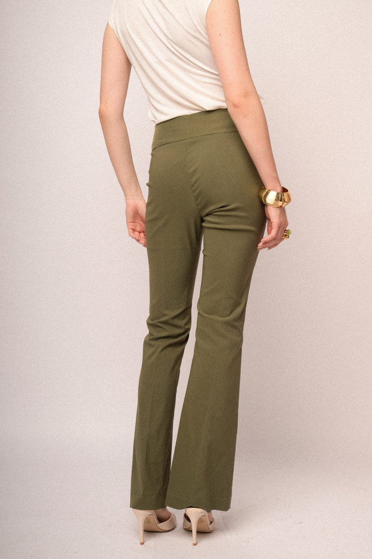 Olive green viscose-blend sflared-leg trousers