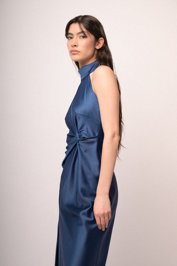 Jewel-chain blue satin halter long dress