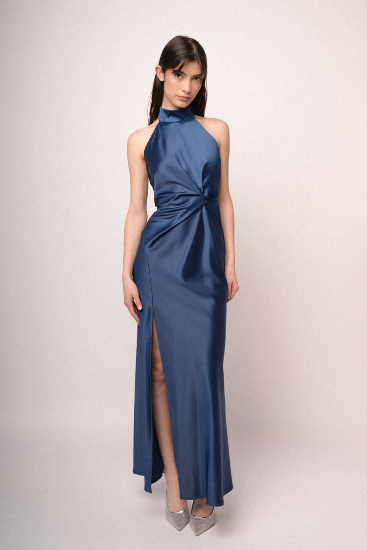 Jewel-chain blue satin halter long dress