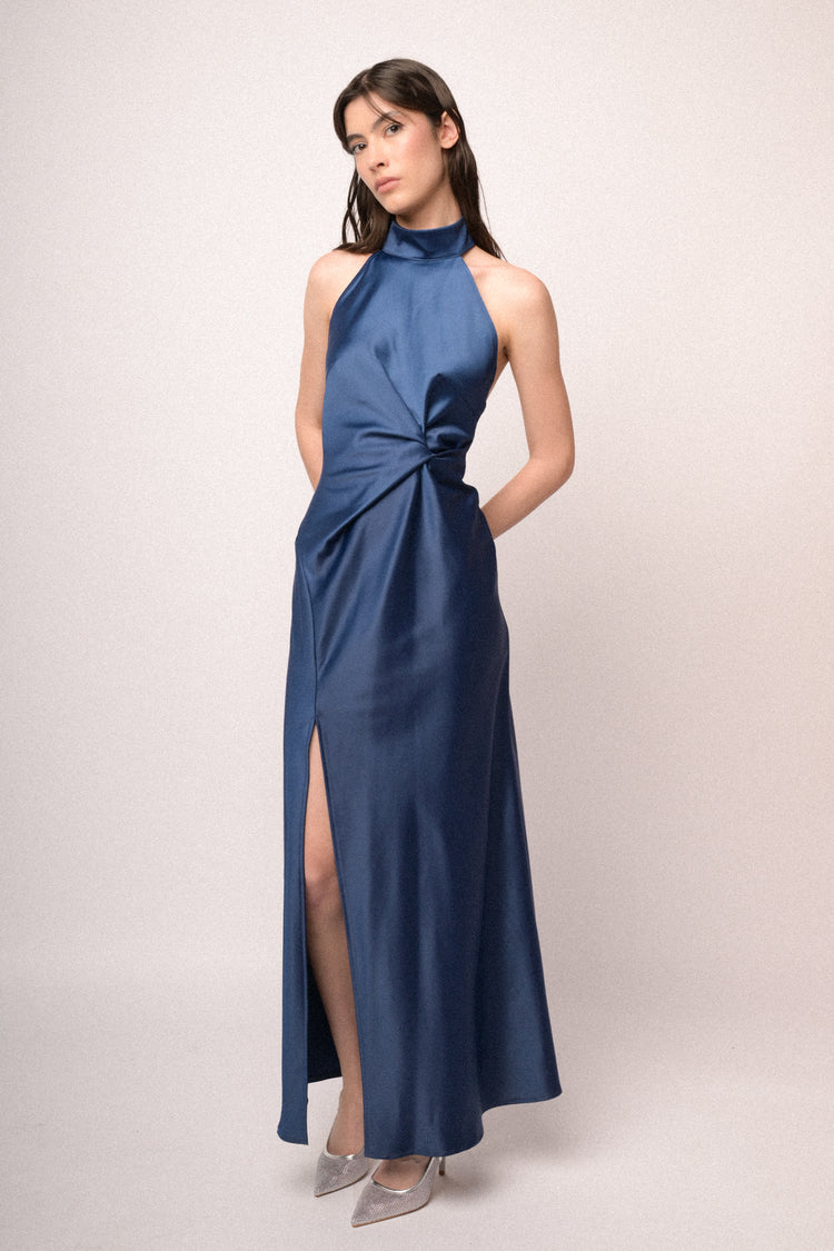 Jewel-chain blue satin halter long dress