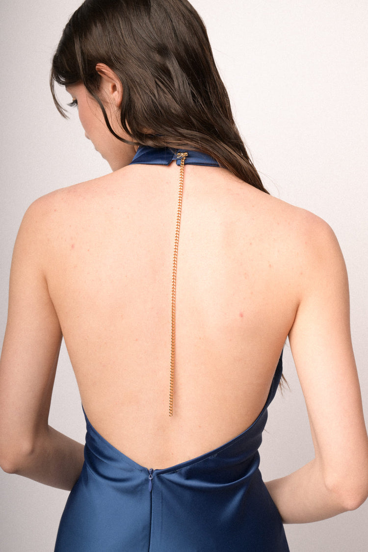 Jewel-chain blue satin halter long dress