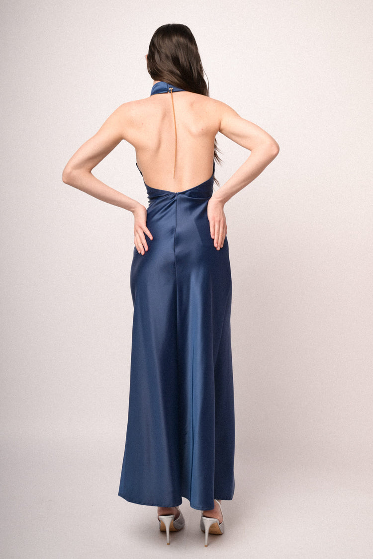 Jewel-chain blue satin halter long dress