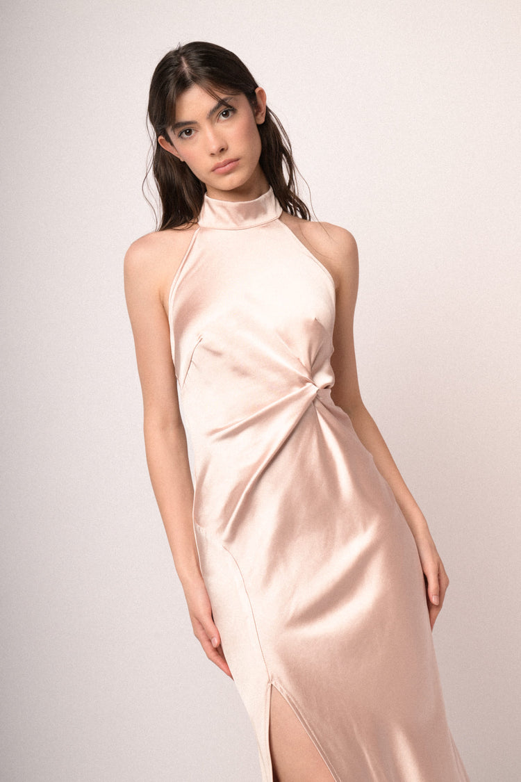 Jewel-chain blush satin halter long dress