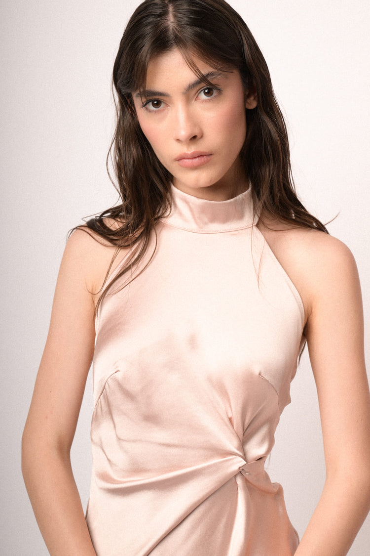 Jewel-chain blush satin halter long dress