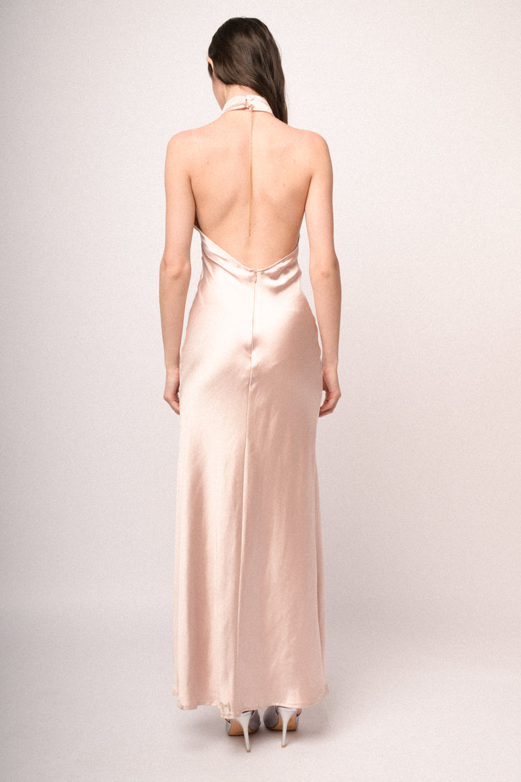 Jewel-chain blush satin halter long dress