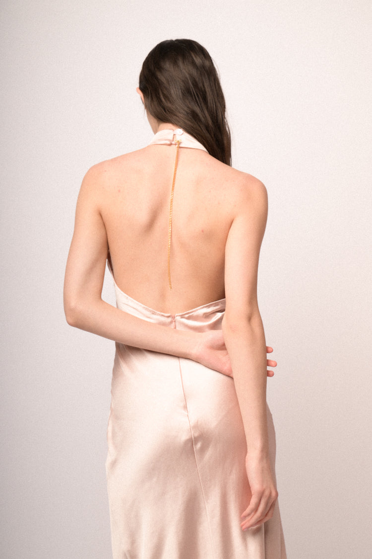 Jewel-chain blush satin halter long dress