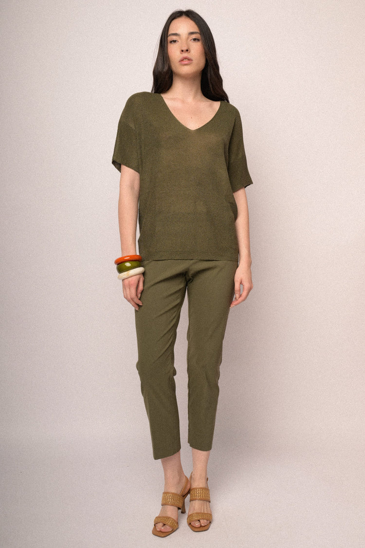 Olive green viscose-blend slim-fit trousers