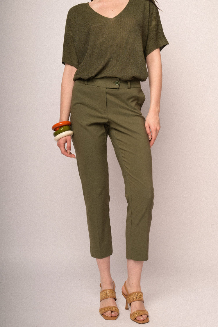 Olive green viscose-blend slim-fit trousers