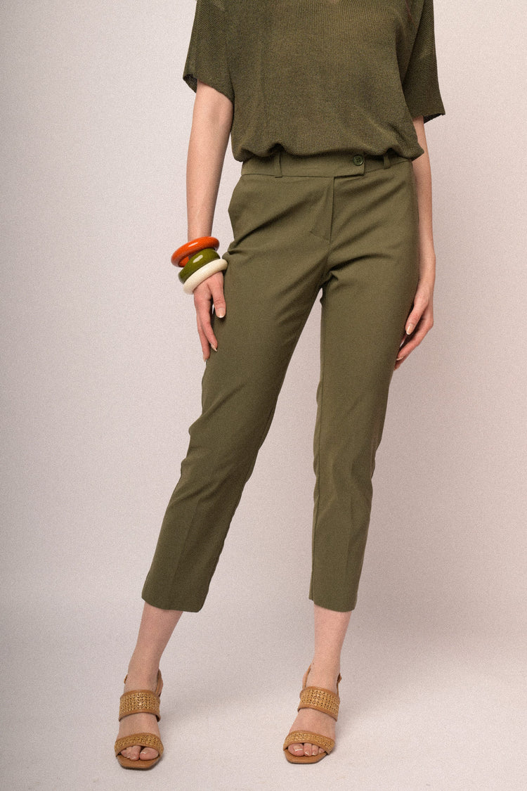 Olive green viscose-blend slim-fit trousers