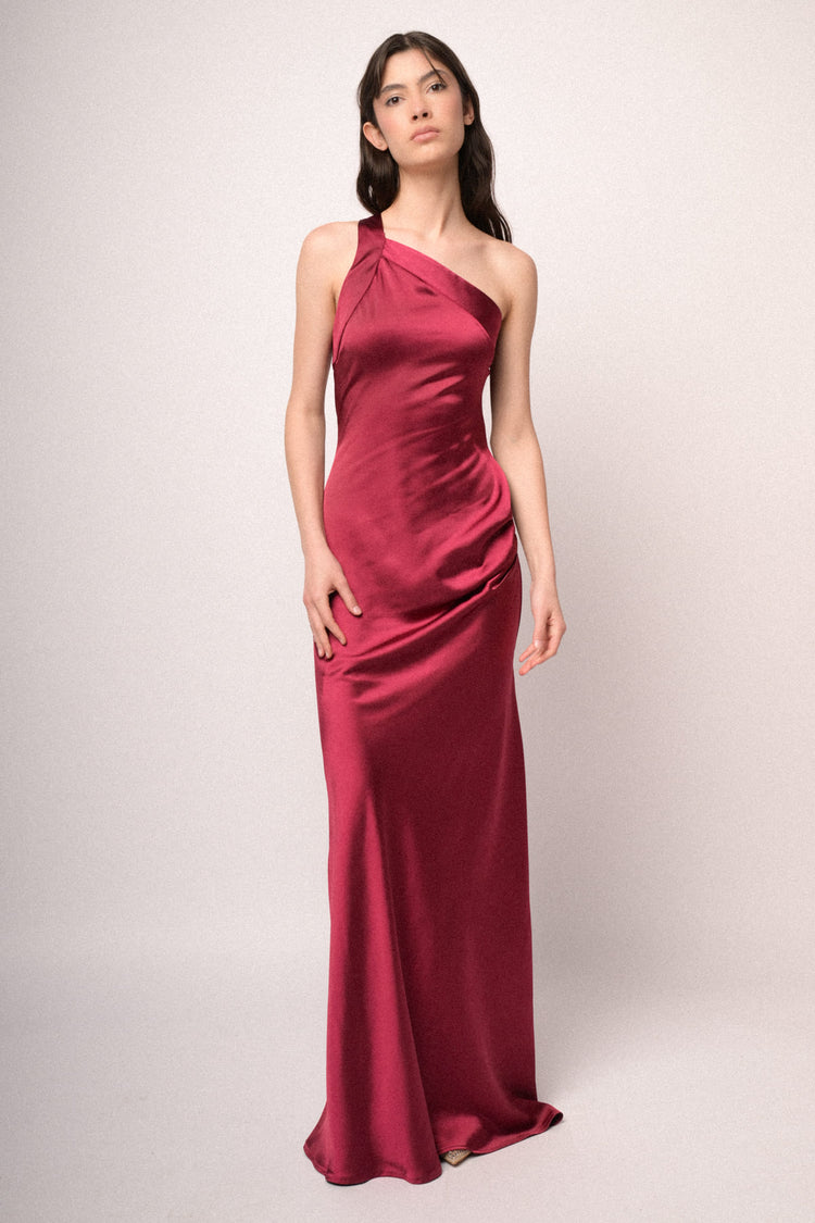 Burgundy satin one-shoulder long dress
