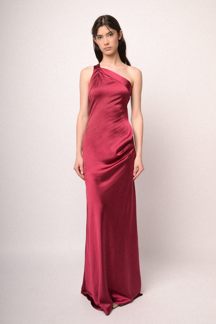 Burgundy satin one-shoulder long dress