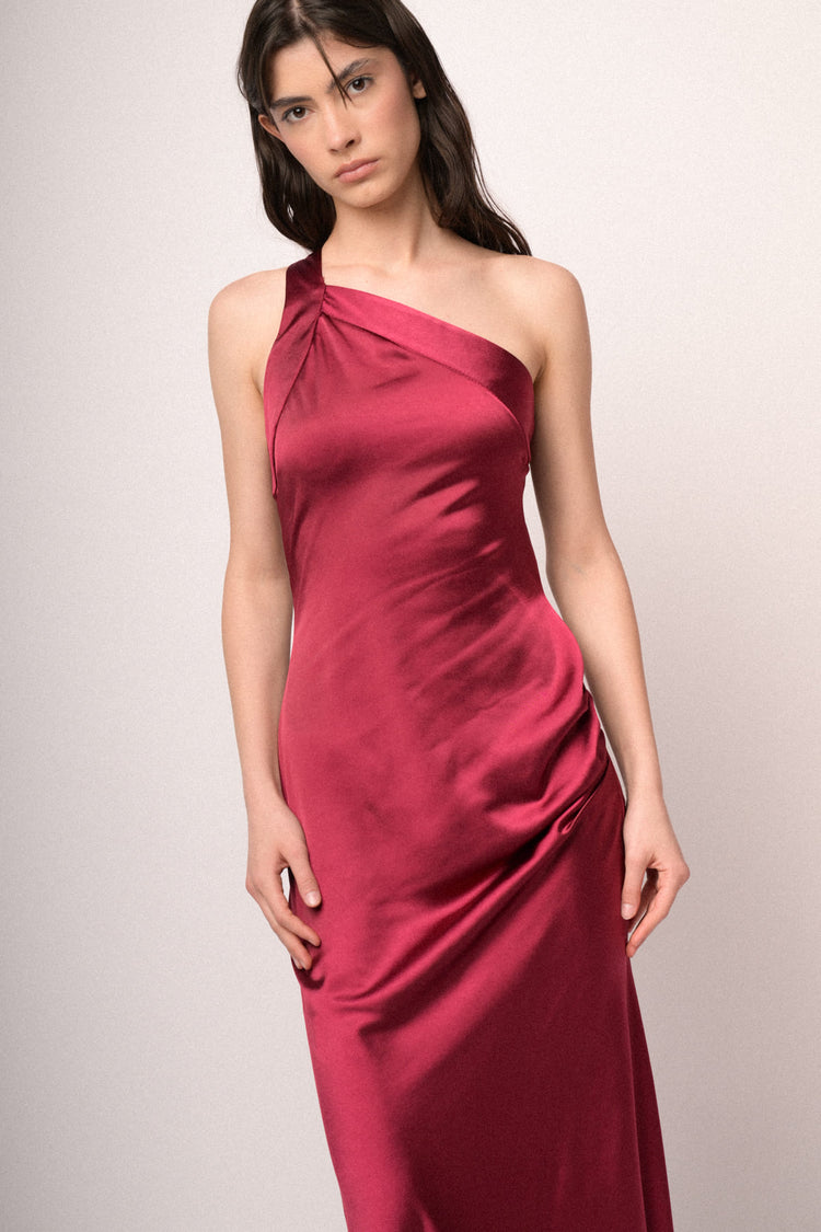 Burgundy satin one-shoulder long dress