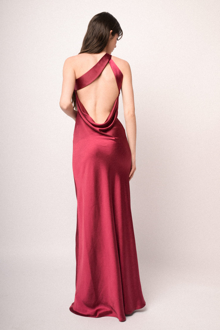 Burgundy satin one-shoulder long dress