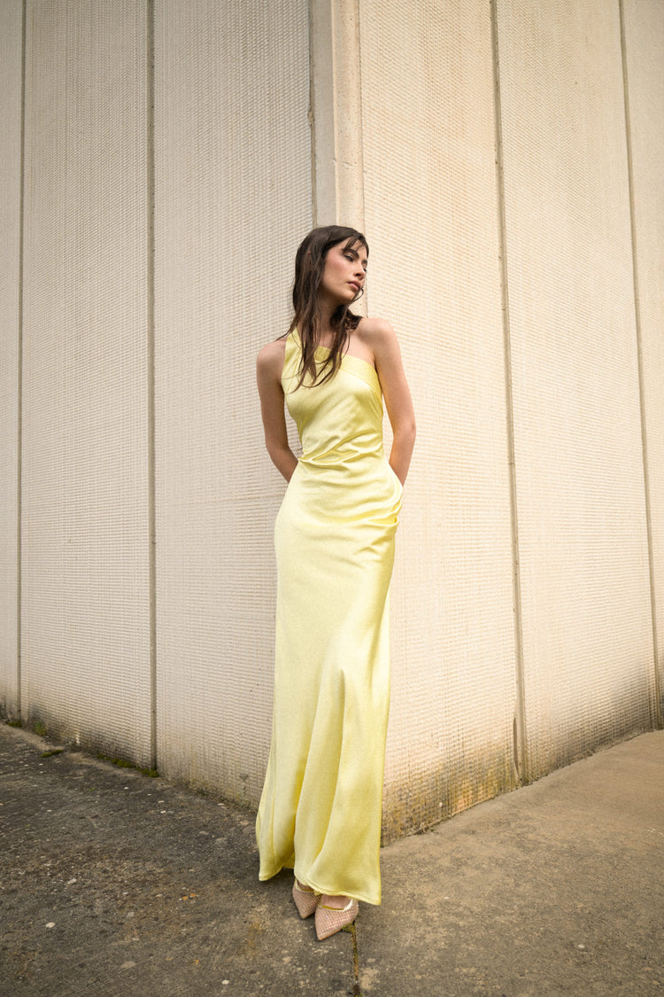 Yellow satin one-shoulder long dress