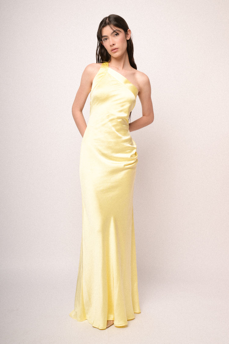 Yellow satin one-shoulder long dress
