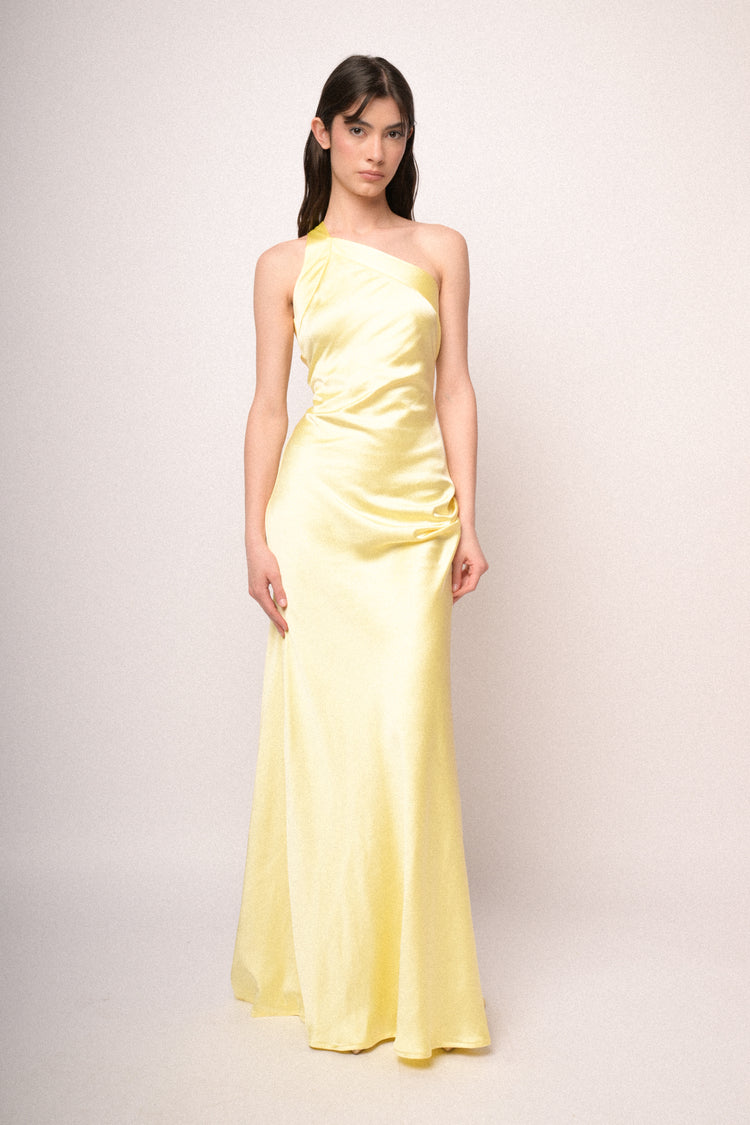 Yellow satin one-shoulder long dress