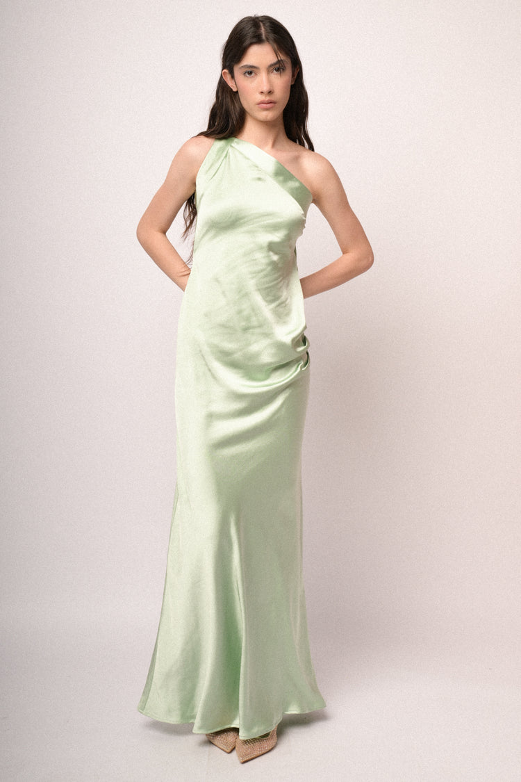 Aqua green satin one-shoulder long dress