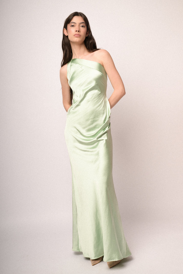 Aqua green satin one-shoulder long dress