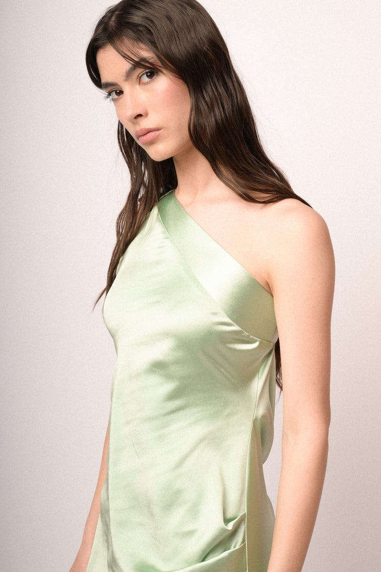 Aqua green satin one-shoulder long dress