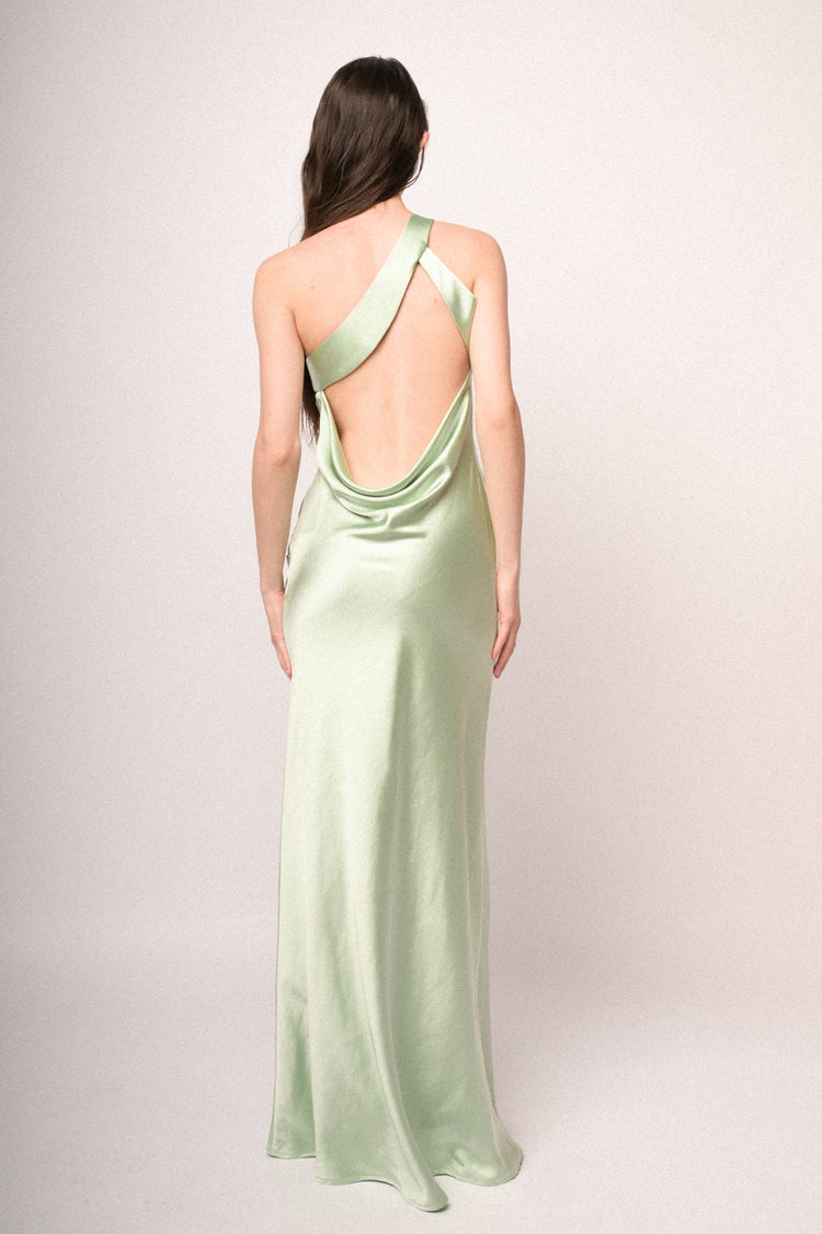 Aqua green satin one-shoulder long dress