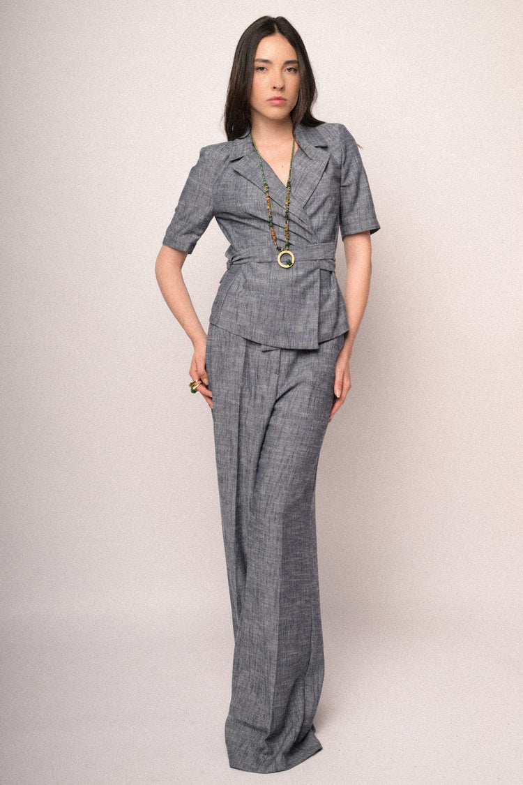 Heather blue frayed waistband wide-leg trousers