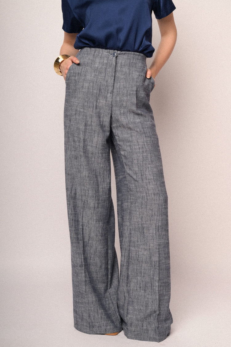Heather blue frayed waistband wide-leg trousers