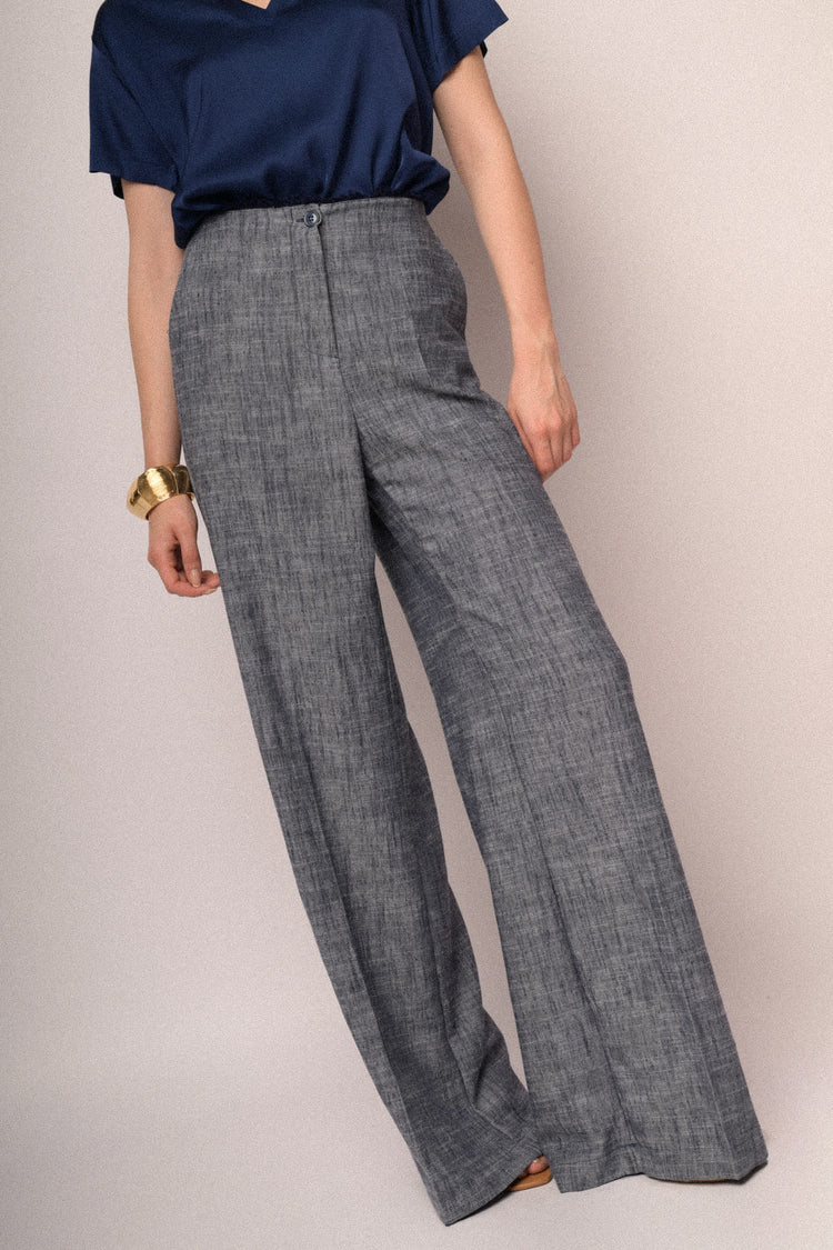 Heather blue frayed waistband wide-leg trousers