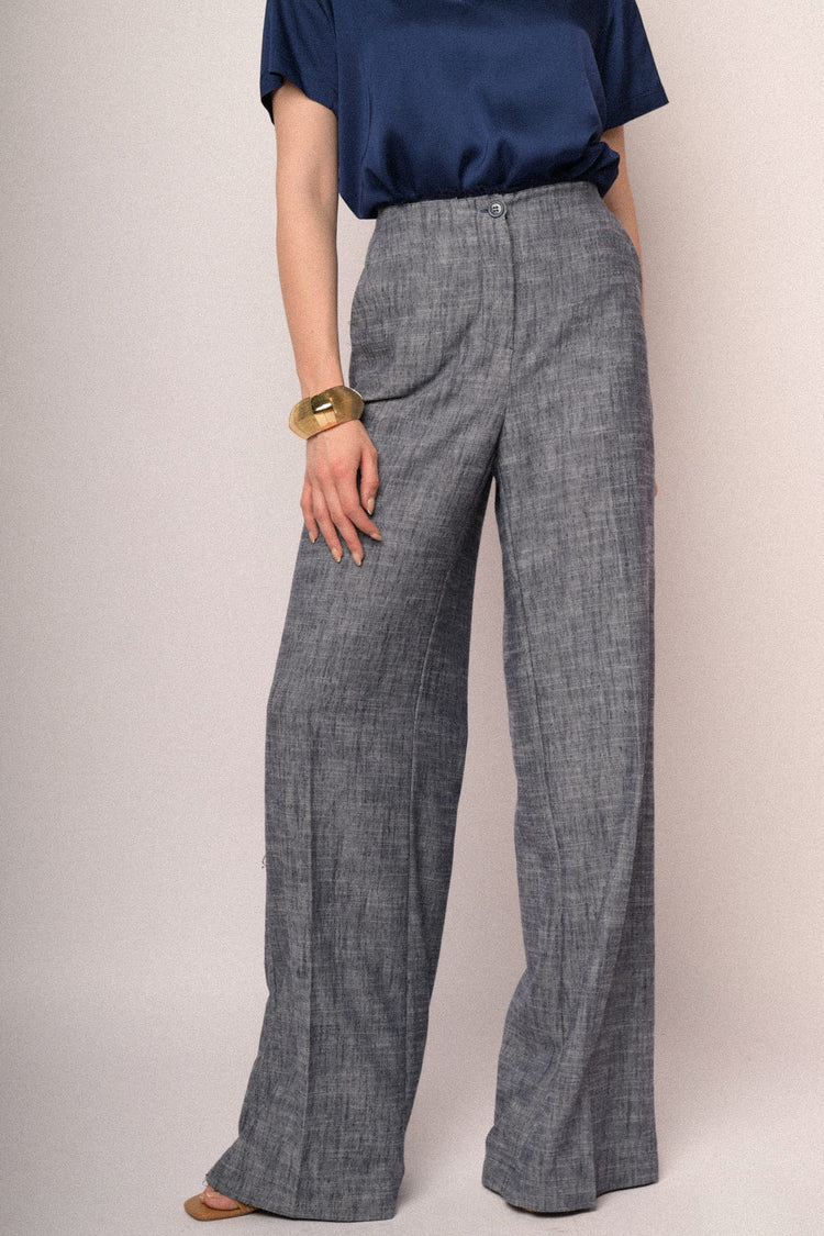 Heather blue frayed waistband wide-leg trousers