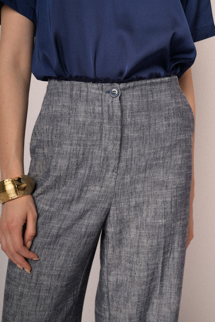 Heather blue frayed waistband wide-leg trousers