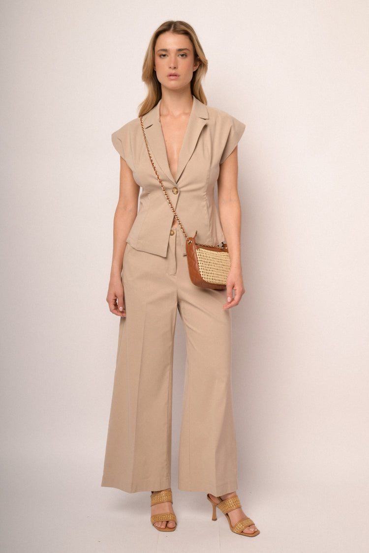 Beige viscose-blend wide-leg trousers