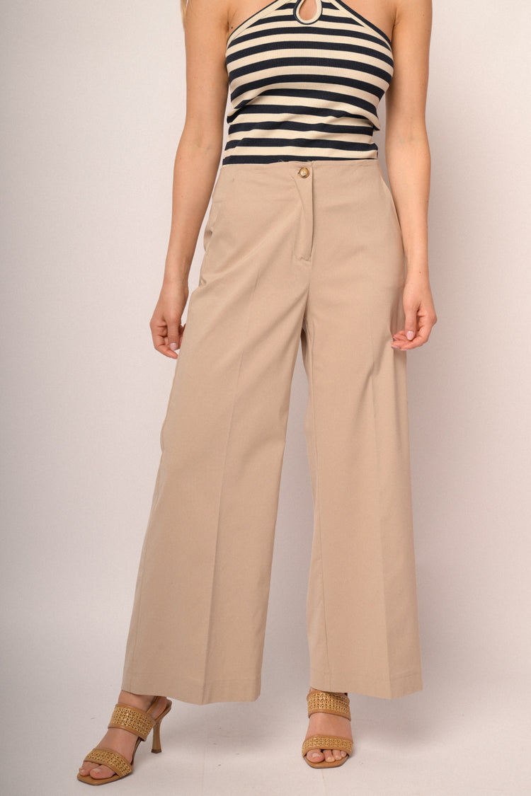 Beige viscose-blend wide-leg trousers
