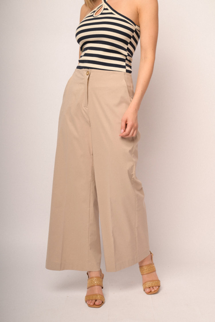 Beige viscose-blend wide-leg trousers