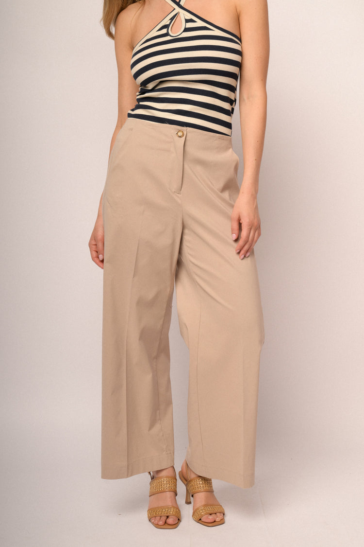 Beige viscose-blend wide-leg trousers