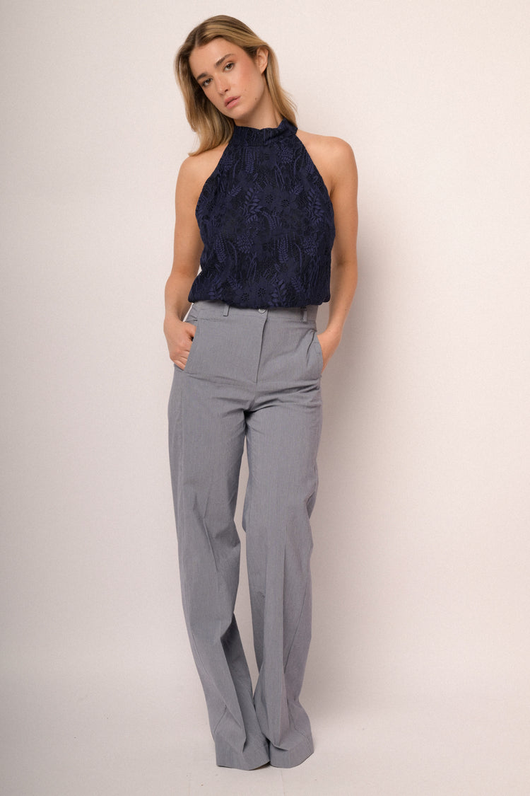 Light blue striped cotton-blend wide-leg trousers