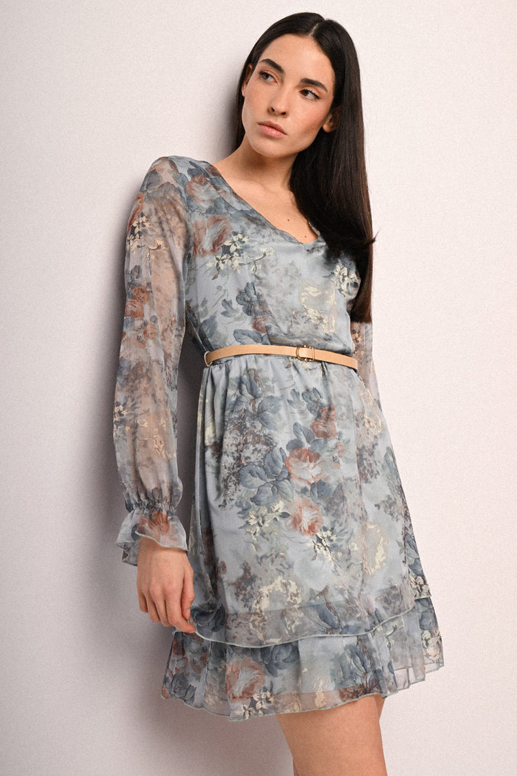 Floral print belted mini dress