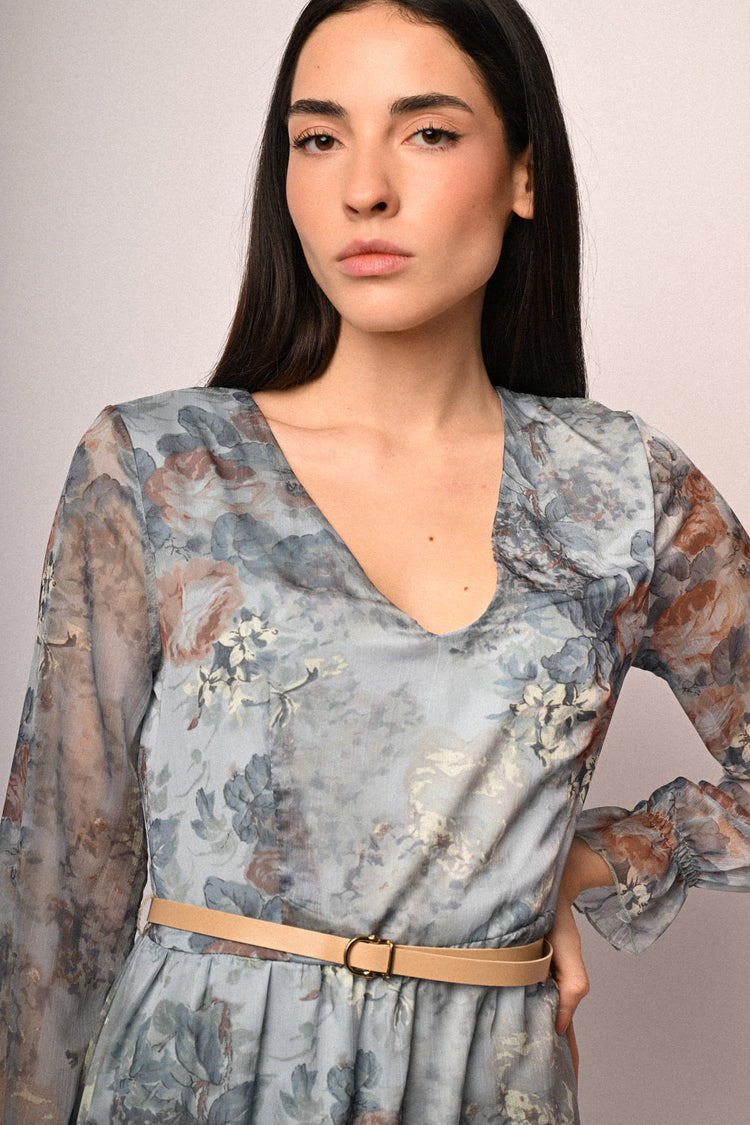 Floral print belted mini dress