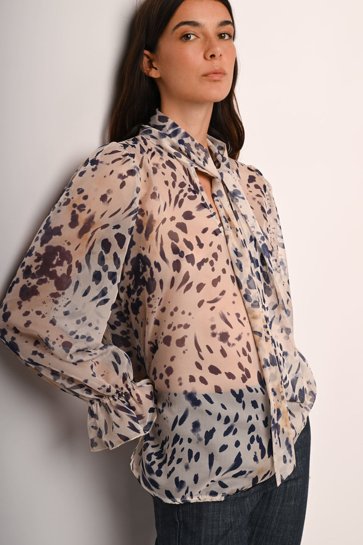 Pussy bow neck abstract print blouse
