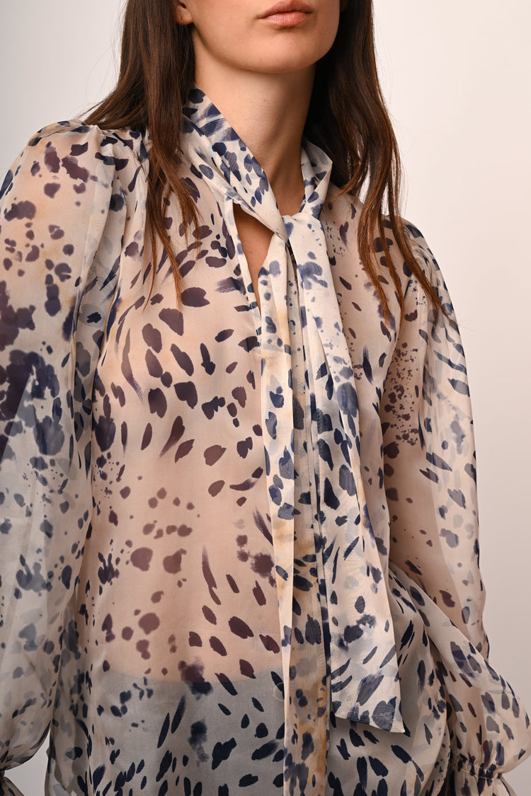 Pussy bow neck abstract print blouse