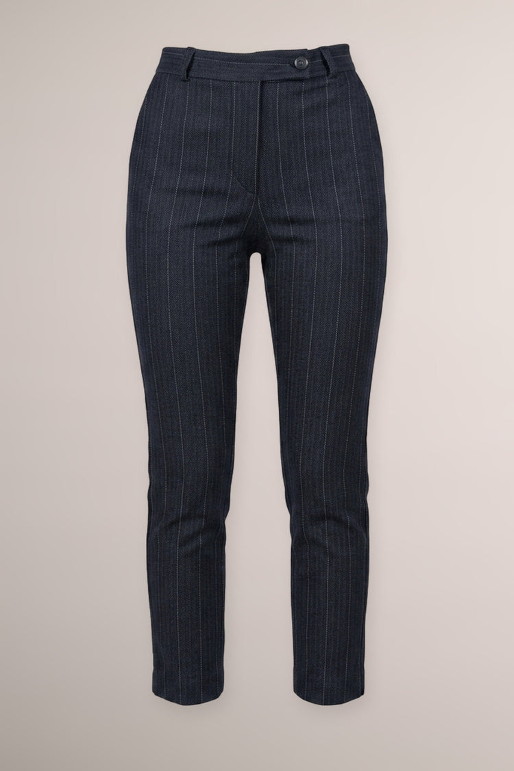 Blue pinstriped motif slim-fit trousers