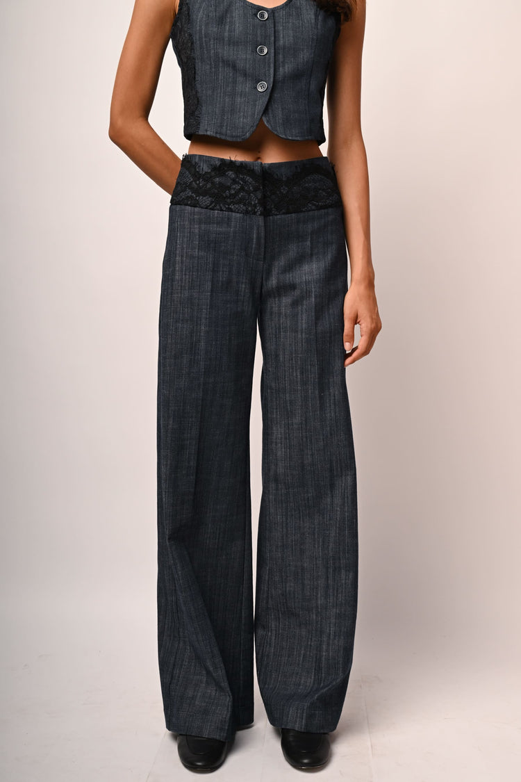 Lace-detail denim-effect trousers