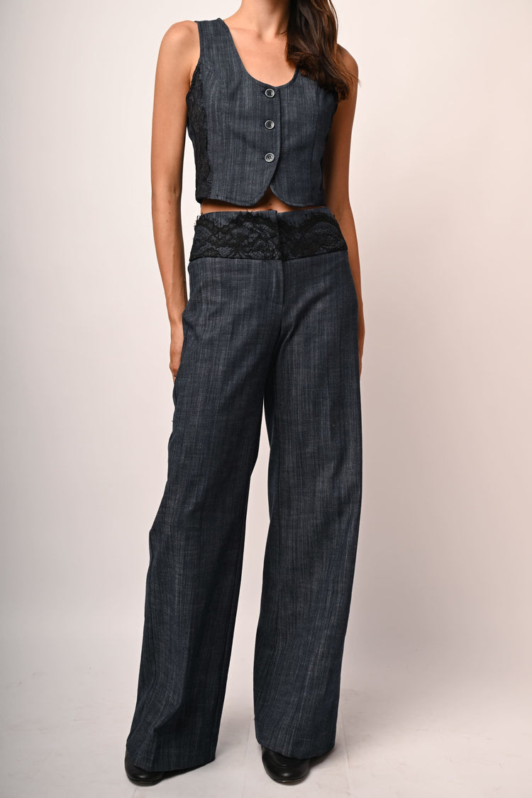 Lace-detail denim-effect trousers