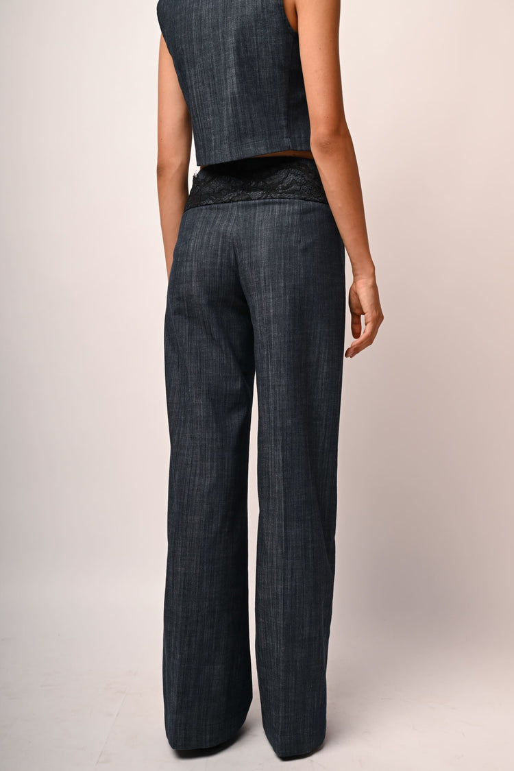Lace-detail denim-effect trousers