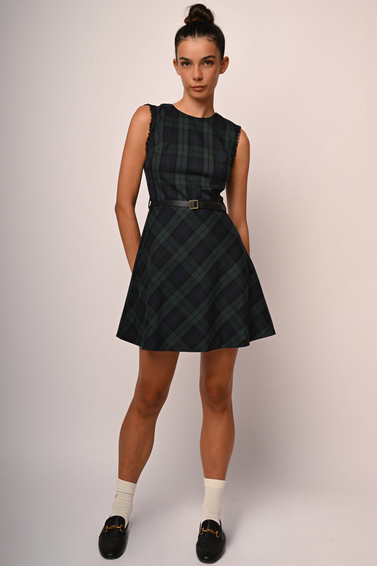 Belted check print mini dress