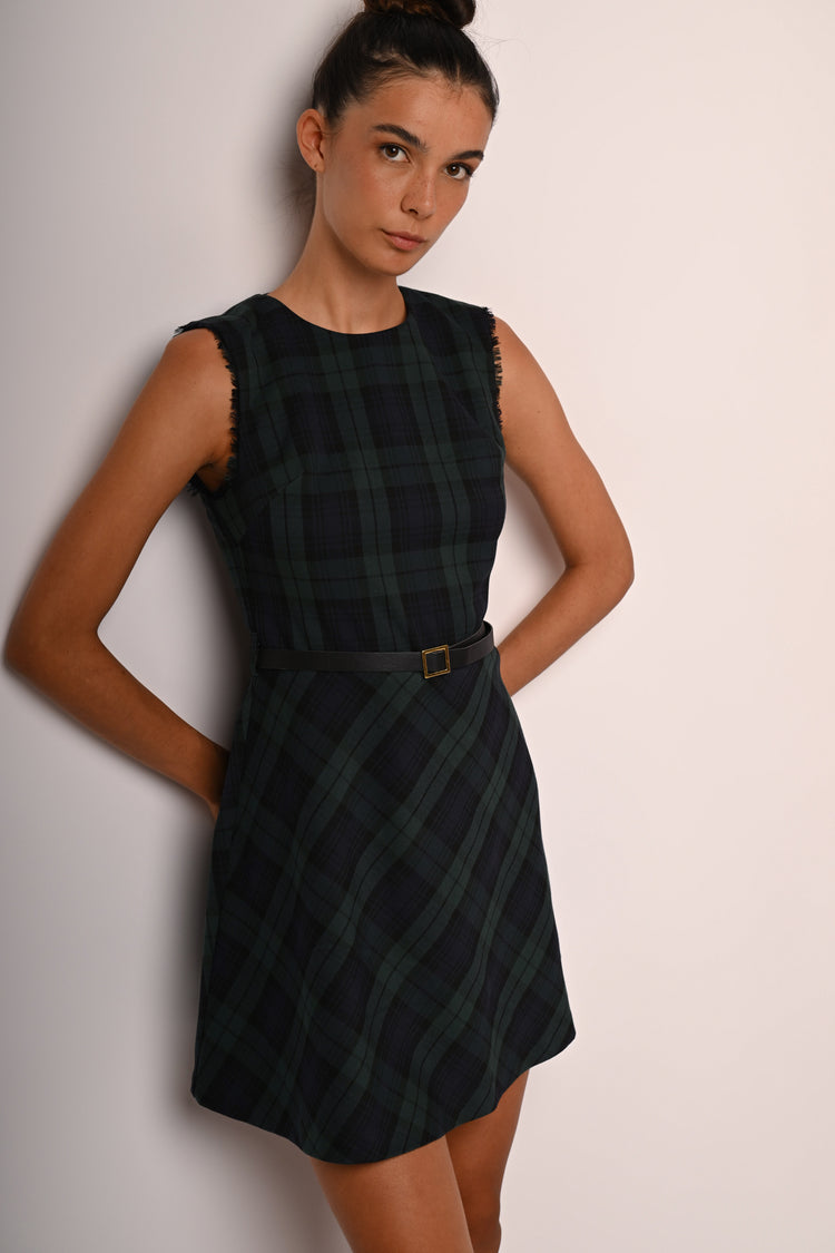 Belted check print mini dress