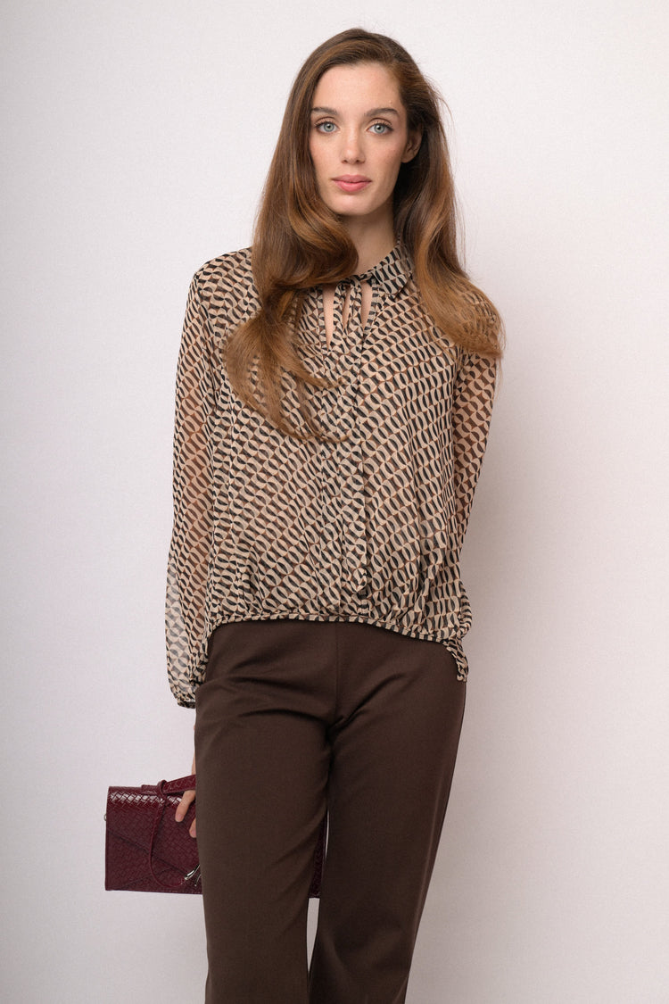 Beige and black geometric asymmetric tunic