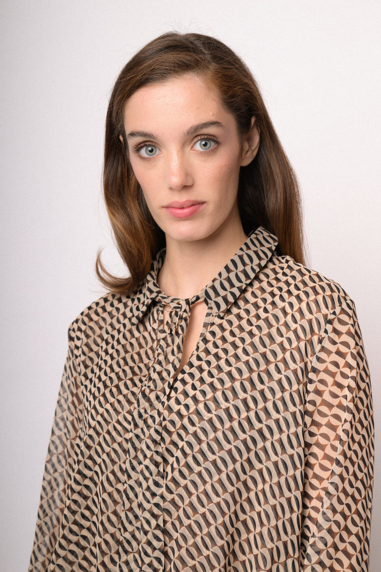 Beige and black geometric asymmetric tunic